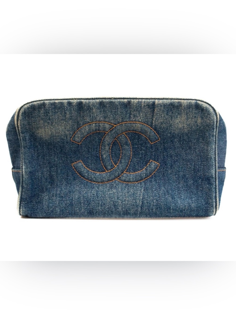 VTG Chanel Blue Denim Zip Makeup Bag 
Cocomark Pouch Cosmetic Case Rare Find
